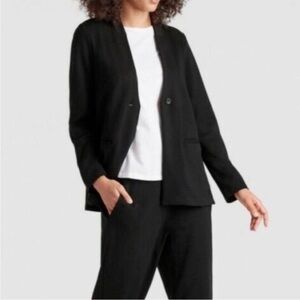 Eileen Fisher Stand Collar One Button Tencel Blazer Jacket Black Classic Minimal